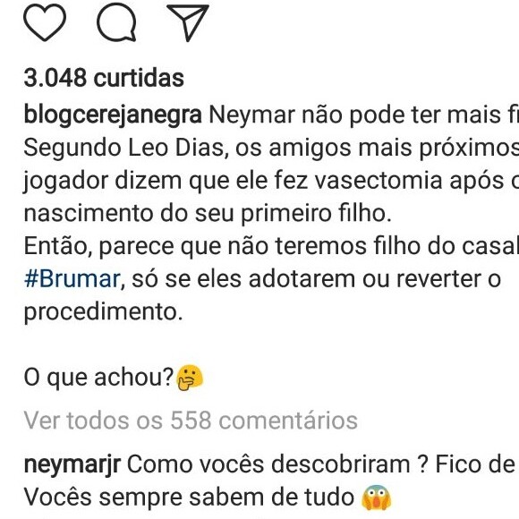 Neymar ironizou os rumores em torno de uma possível vasectomia no Instagram