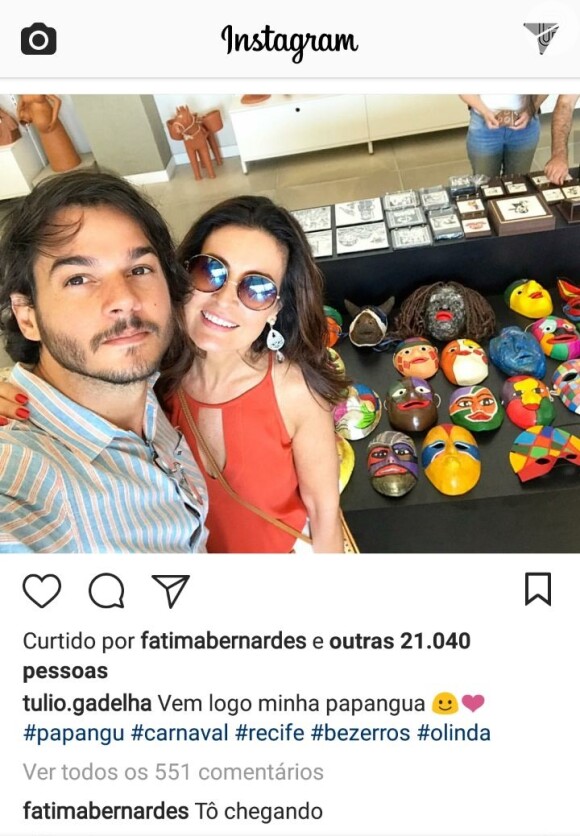 'Vem logo, minha papangua', escreveu Túlio Gadêlha para Fátima Bernardes no Instagram
