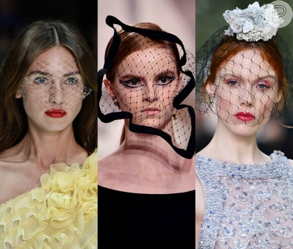 2) Voilette: muito usado no início do século XX, o pequeno véu que cobre parte do rosto ganhou diferentes formas nos desfiles das grifes Ralph & Russo, Dior e Chanel