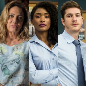 Nádia (Eliane Giardini) chama Raquel (Erika Januza) de 'preta paraplégica' e Bruno (Caio Paduan) a expulsa do hospital, na novela 'O Outro Lado do Paraíso'