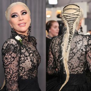 Lady Gaga chamou atenção com trança com corda no Grammy 2018, no domingo, 28 de janeiro de 2018