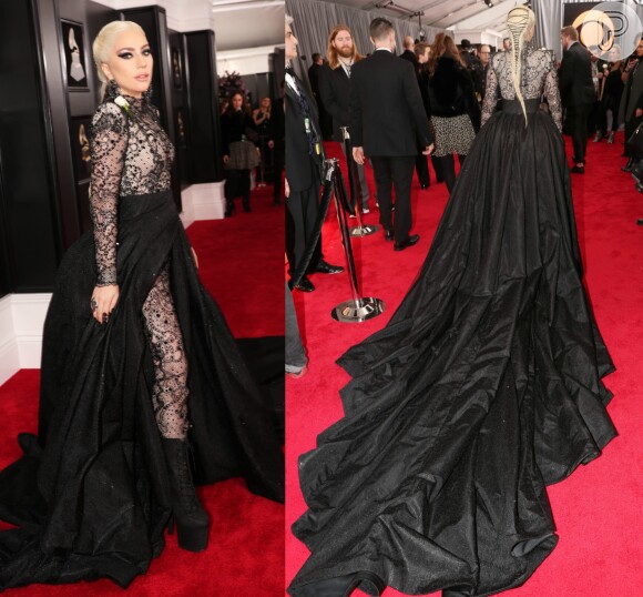 Lady Gaga investiu em um longo da Armani Privé. O vestido possuía uma saia que cobriu parte do tapete vermelho