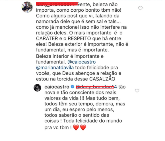 Caio Castro agradece apoio de fã diante de críticas a namoro