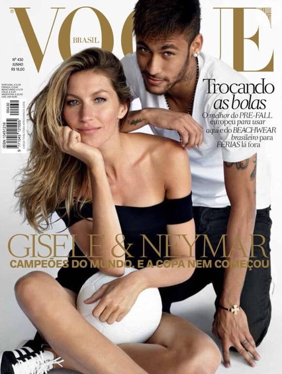 Gisele Bündchen estampou a revista 'Vogue' Brasil ao lado do jogador Neymar que lhe rendeu duas capas