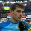 O goleiro e capitão do time, Iker Casillas, após o término do jogo desta quarta-feira, 18 de junho de 2014, disse aos jornalistas que ficou abalado com a eliminação e pediu desculpas aos torcedores espanhóis 