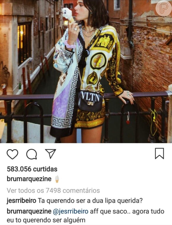 Bruna Marquezine reprovou comparação com a cantora Dua Lipa feita por fã