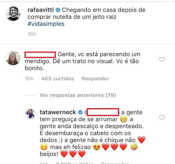 Tatá Werneck responde comentário em foto do noivo, Rafael Vitti