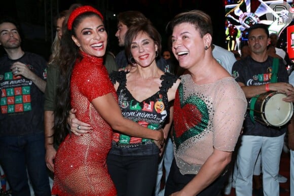 Juliana Paes se encontrou com Christiane Torloni e David Brazil na festa de 30 anos da Acadêmicos do Grande Rio