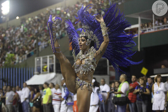 Aline Riscado, dançarina do 'Domingão do Faustão', desfilou como rainha de bateria da Caprichosos de Pilares no Carnaval 2014 e levou uma queda diante dos jurados na Sapucaí