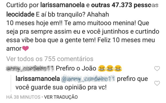 Larissa Manoela rebateu fã que citou ex-namorado em post de Leo Cidade