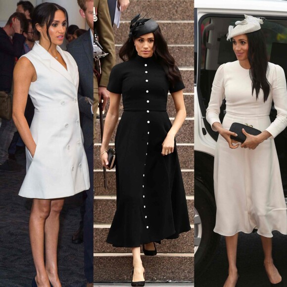 Meghan Markle não dispensa o clássico e surgiu com diferentes looks em preto e branco durante a viagem