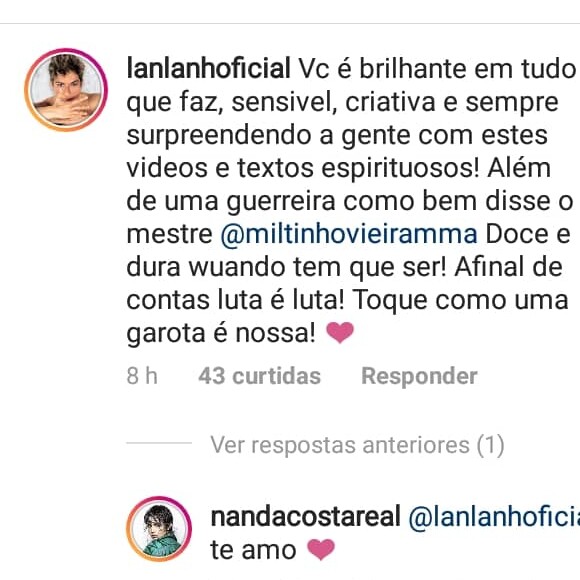 Nanda Costa recebe comentário romântico da namorada
