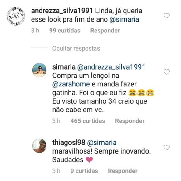 Simaria responde fã sobre vestido