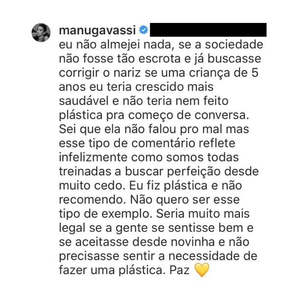 Manu Gavassi se posiciona após fã afirmar querer rinoplastia