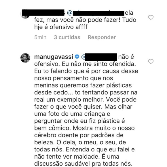 Manu Gavassi rebate fã que criticou sua reflexão sobre padrão de beleza