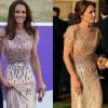 O longo rosé da grife Jenny Packham foi usado por Kate Middleton em evento beneficente em 2016 e em um jantar no Palácio de Kensington em 2011