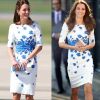 O vestido LK Bennett, com flores azuis desenhadas, foi aposta de Kate Middleton em agosto de 2016. O mesmo modelo foi usado pela duquesa em uma visita à Austrália em 2014