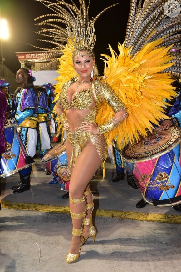 A atriz Ellen Rocche é rainha de bateria da escola de samba Rosas de Ouro, que ficou em 3º lugar em SP. Ela disse não ter opinado na confecção da fantasia esse ano.