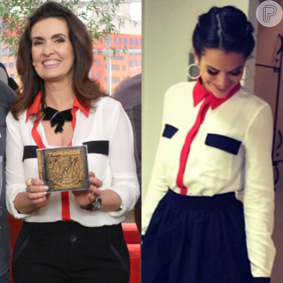 A blusa social branca transparente que Fátima Bernardes e Bruna Marquezine usaram é da grife Daslu