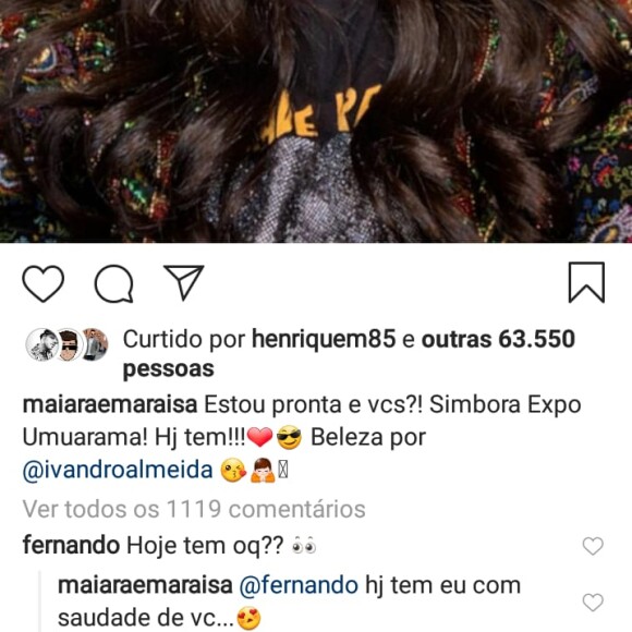 Maiara ganha comentário de Fernando Zor em foto e lamenta saudade de cantor