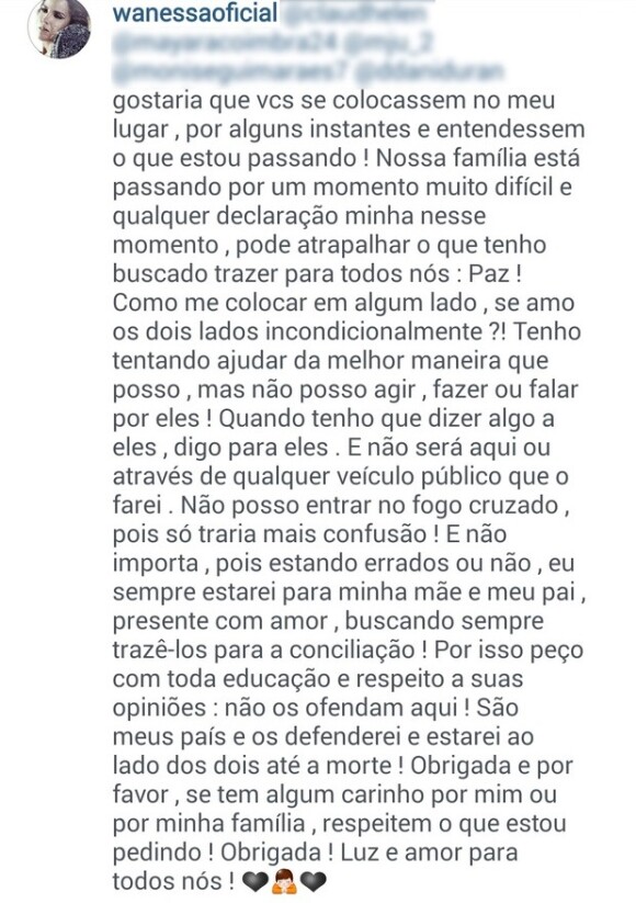 A cantora Wanessa desabafou sobre a confusão envolvendo Zezé Di Camargo e Zilu no Instagram