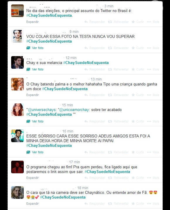 Um seguidor exaltou a participação de Chay Suede no 'Esquenta': 'Em dia de Eleições, o principal assunto do Twitter no Brasil é o Chay'