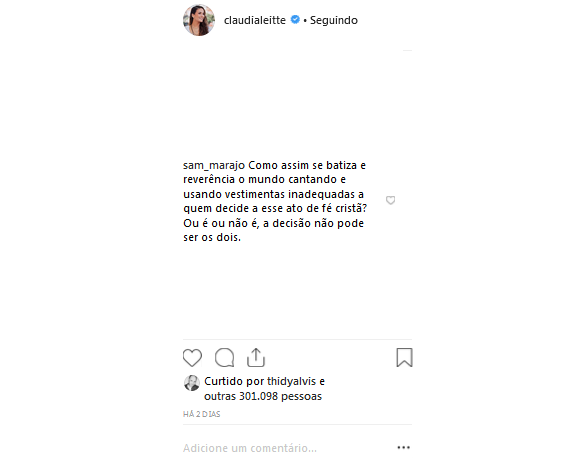 Claudia Leitte rebateu críticas de fãs ao postar foto de seu batizado