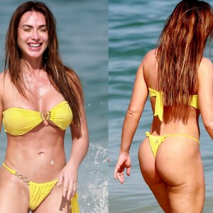 Nicole Bahls se divertiu neste domingo, 18 de agosto de 2019, na praia da Barra da Tijuca, zona oeste do Rio