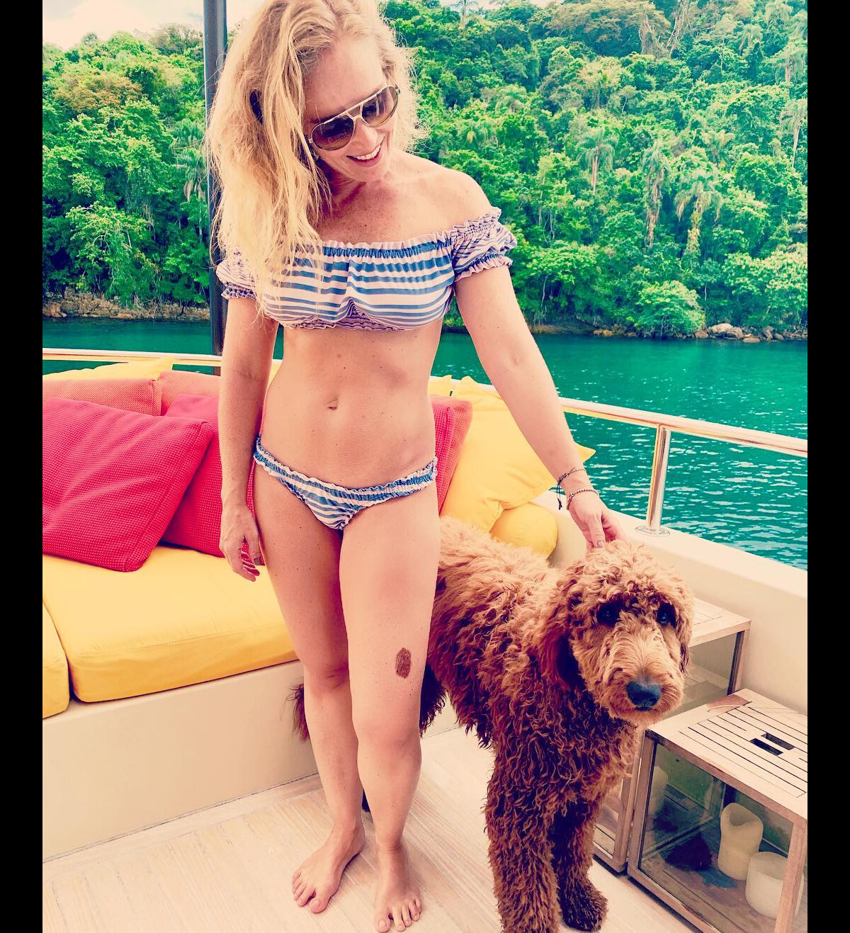 Foto: Angélica chamou a atenção por apoiar os pés na cachorra Gringa, fiel  escudeira da família - Purepeople