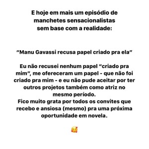 Manu Gavassi explica negativa para novela 'Salve-se Quem Puder' em post