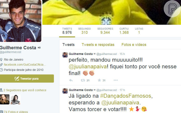 No domingo, 3 de novembro de 2014, Guilherme fez torcida para namorada, que concorre no quadro 'Dança dos Famosos', do 'Domingão do Faustão', no Twitter