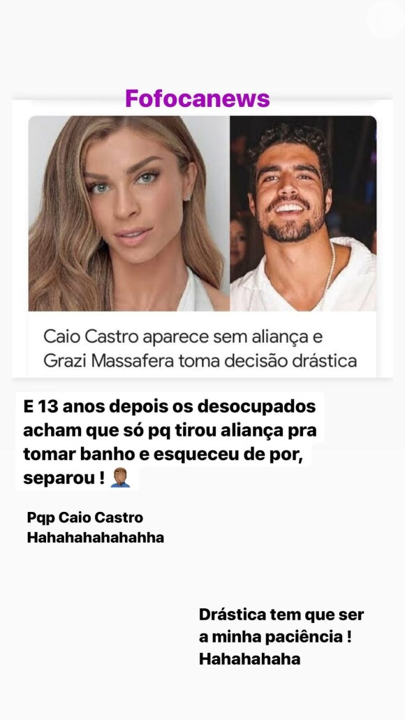 Caio Castro ironiza rumor de fim de relacionamento com a atriz Grazi Massafera