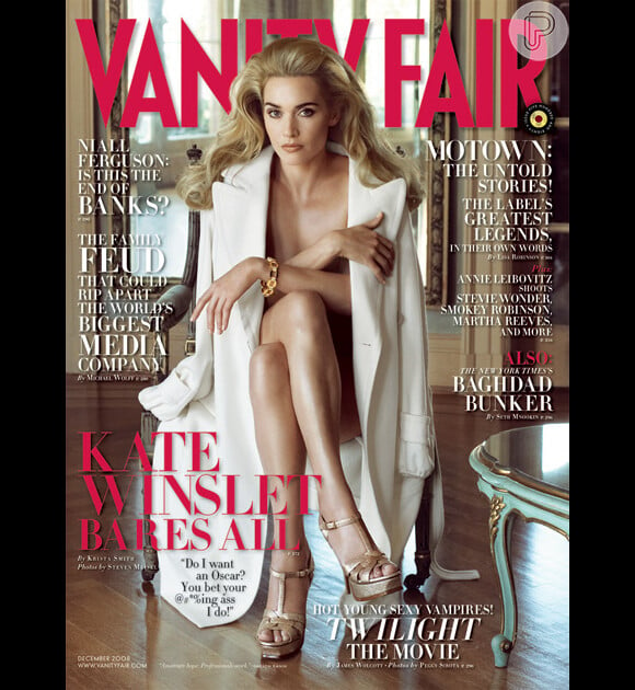 Kate Winslet já sai numa versão mais comportada com um sobretudo branco cobrindo o seu corpo na capa da revista 'Vanity Fair'