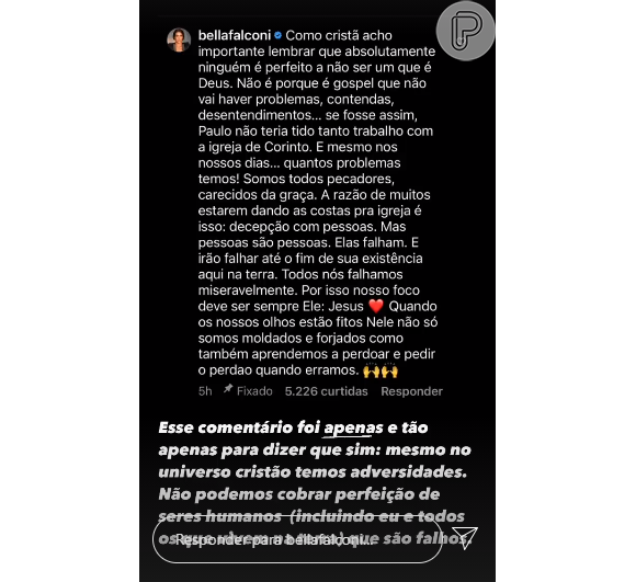 Bella Falcone se manifesta no Instagram Stories sobre o assunto