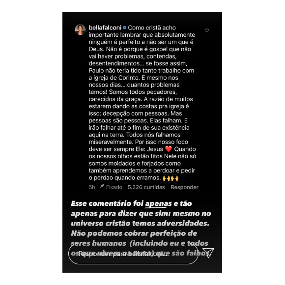 Bella Falcone se manifesta no Instagram Stories sobre o assunto