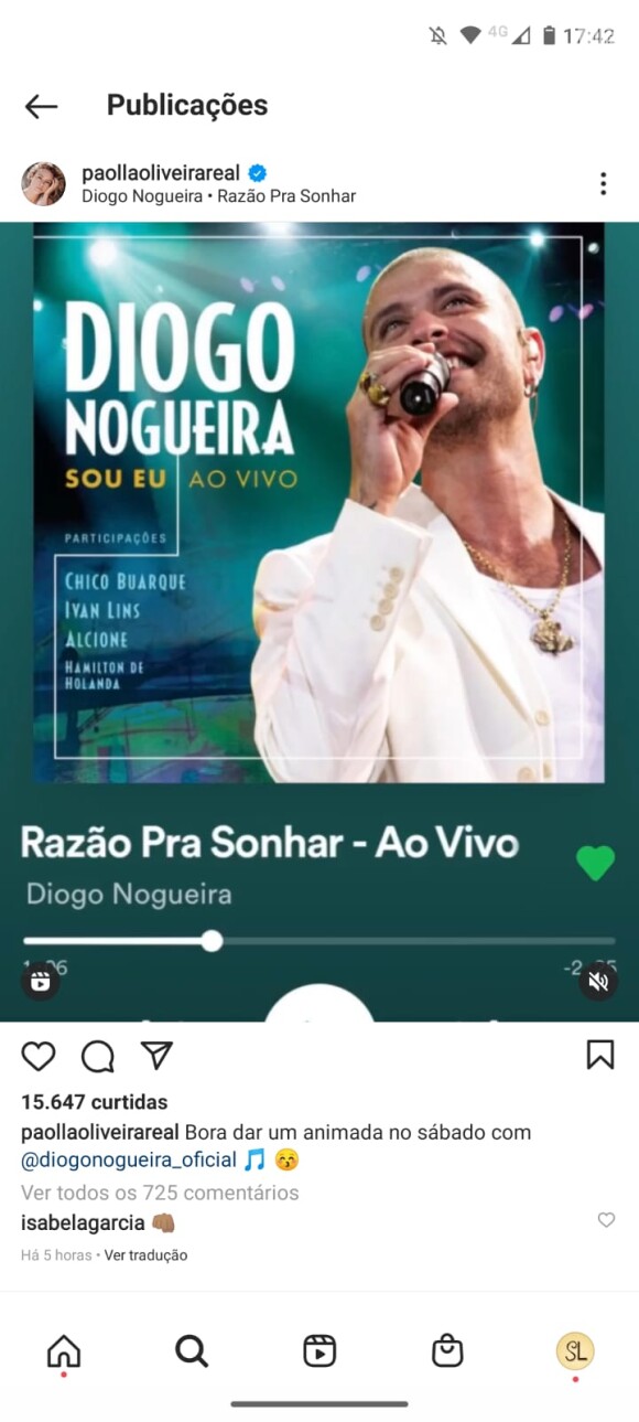 Paolla Oliveira postou foto de música do cantor Diogo Nogueira e web comentou: 'assumidos'