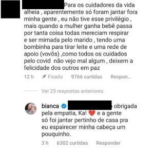 Bianca Andrade sai para jantar 8 dias após parto e se posiciona após críticas: 'Empatia'