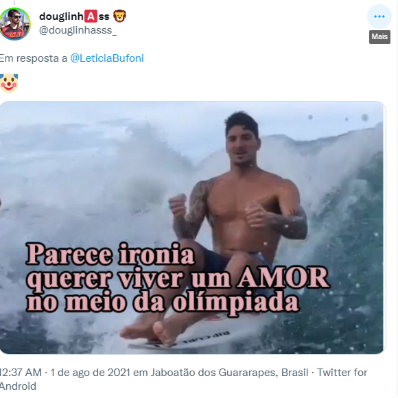 Internautas reagem após risada de Letícia Bufoni em meme de Gabriel Medina e Yasmin Brunet