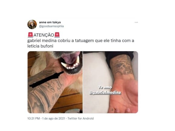 Tatuagem dedicada a Letícia Bufoni com um LB dentro de um coração foi apagada por Medina e web apontou em fotos
