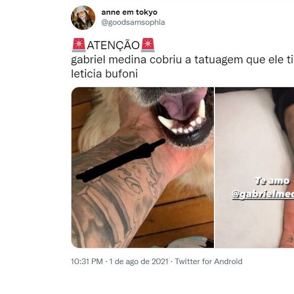 Tatuagem dedicada a Letícia Bufoni com um LB dentro de um coração foi apagada por Medina e web apontou em fotos