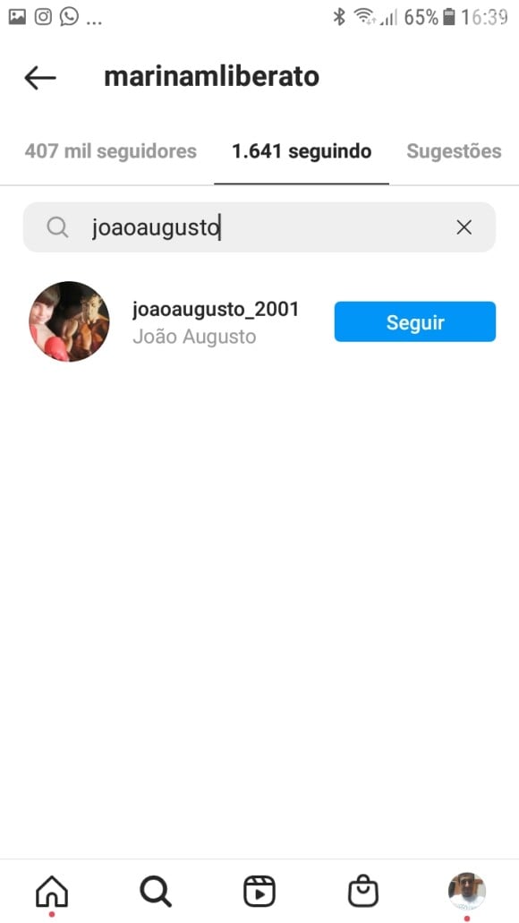 Filha de Gugu, Marina segue uma outra conta de Instagram do irmão, que só possui uma postagem, de 2013.