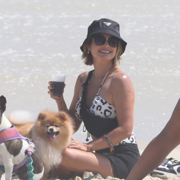 Flávia Alessandra e Giulia Costa usam maiôs com recortes para passear na praia com pets