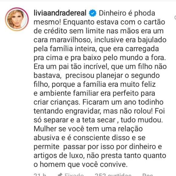 Lívia Andrade critica Pétala Barreiros e a família em postagem do Instagram