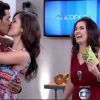 Finalista do 'Dança dos Famosos', Marcello Melo Jr. recebe apoio da namorada, Carolina Alves, e ganha beijo no 'Encontro'