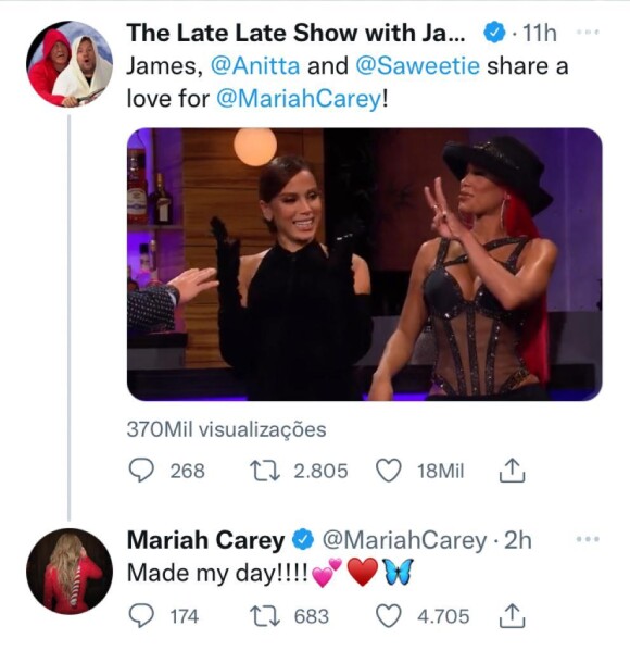 Mariah Carey agradeceu o carinho de Anitta: 'Fez meu dia'
