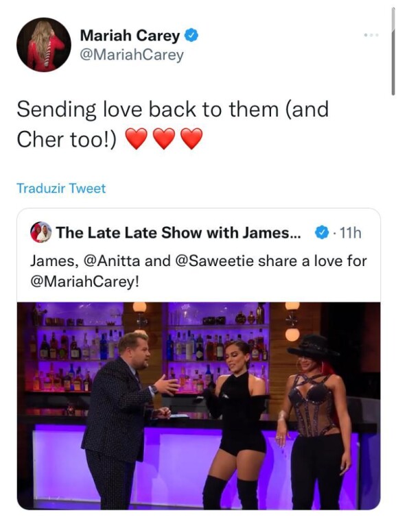 Mariah Carey enviou mensagem para carinhosa para Anitta, a rapper Saweetie e o apresentador James Corden