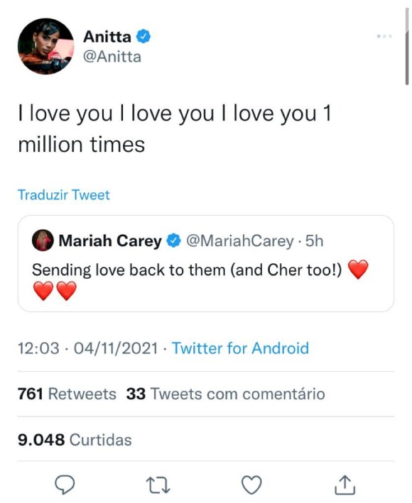 Anitta se derreteu pelo carinho de Mariah Carey: 'Te amo um milhão de vezes'