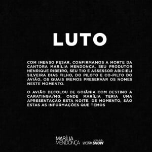 Equipe de Marília Mendonça informou que a cantora e todos os passageiros a bordo do avião morreram no acidente
