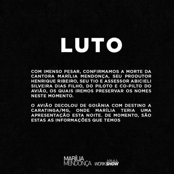 Equipe de Marília Mendonça informou que a cantora e todos os passageiros a bordo do avião morreram no acidente