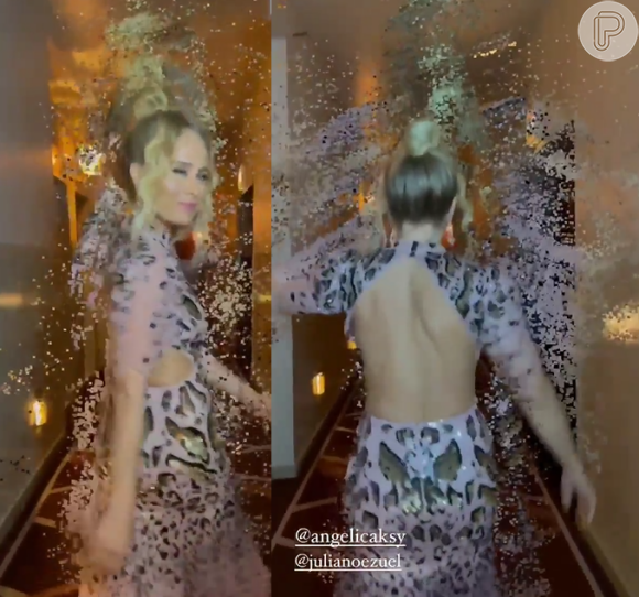 Angélica desfila por corredor de hotel em NY e mostra detalhes do vestido com costas nuas